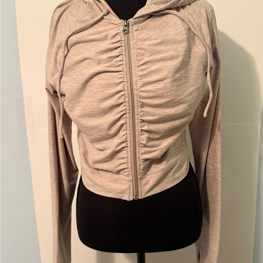 Women's Ruched Zip-Up Hoodie - Beige